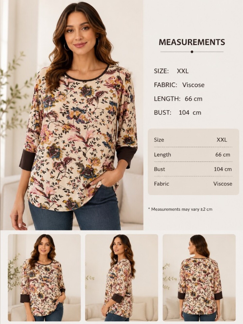 TI AMO Cream Floral 3/4 Sleeve Viscose Top with Dark Trim Size XXL